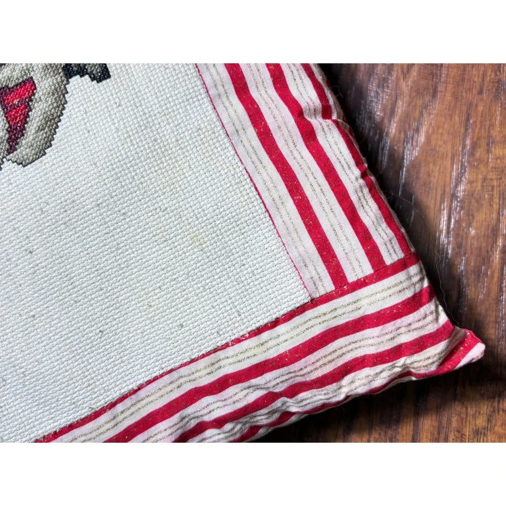 Vintage 1998 Handmade Needlepoint Santa Claus Christmas Throw Pillow Red Striped